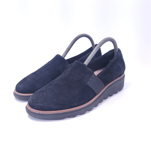 Clarks Sharon Tori Loafers Shoes 8 M Black Wedge Slip On Leather Suede - Picture 10 of 11